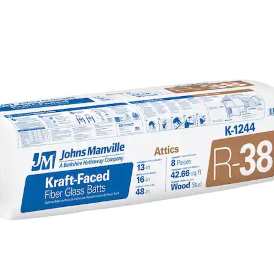 The R-38 Kraft Faced Fiberglass Insulation by Go Build is ideal for attics and wood studs, covering 42.66 sq. ft. This GreenGuard Gold Certified product contains 8 pieces, providing both quality and soundproofing with model number K-1244 mentioned on the package.